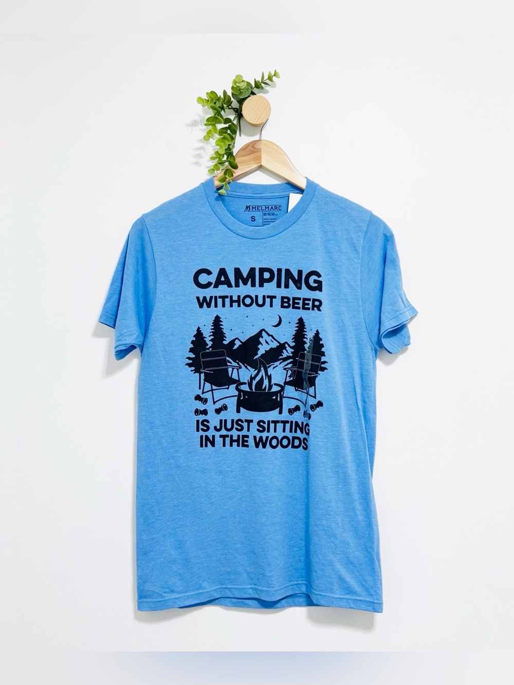 Melmarc NWT Blue Funny Camping Tshirt “Camping Without Beer” Unisex